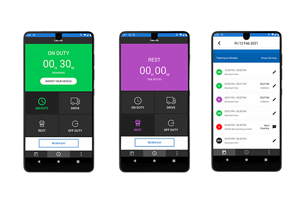 Image shows logbook app, with counters for remaining hours and colour-coded based on duty status