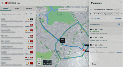 Interactive demonstration of someone planning a route using MyEROAD route planner tool