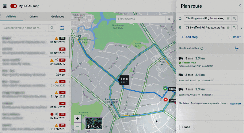 Interactive demonstration of someone planning a route using MyEROAD route planner tool
