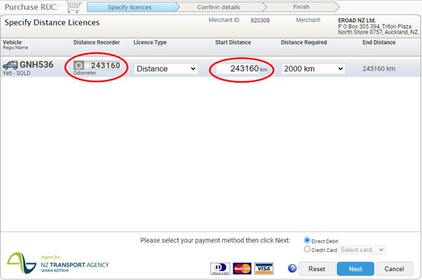 Screen showing details for purchasing RUC in MYEROAD platform