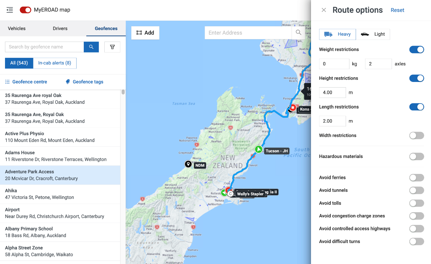 Shows a map on screen, with route options and addresses in a list to select