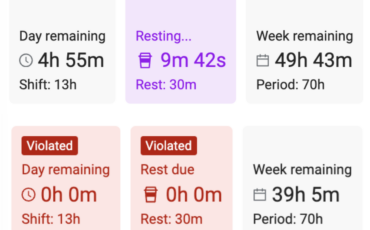 Image shows counter tiles displaying drivers remaining work and rest time