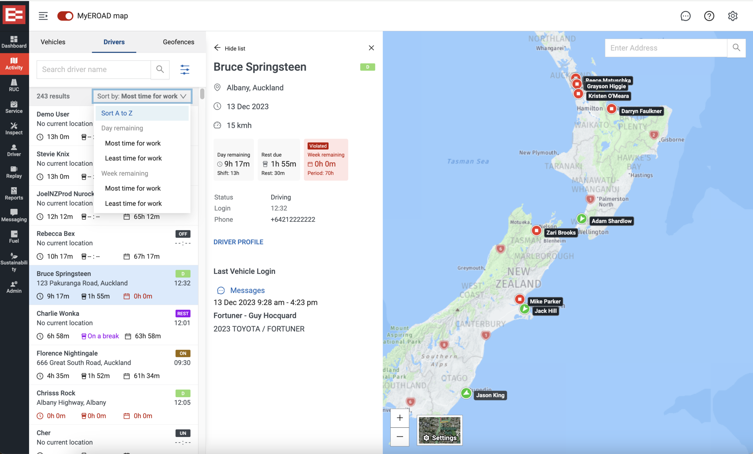 Image shows a screenshot of the MyEROAD Fleet Management platform, with a list of drivers, using the sort-by-hours function