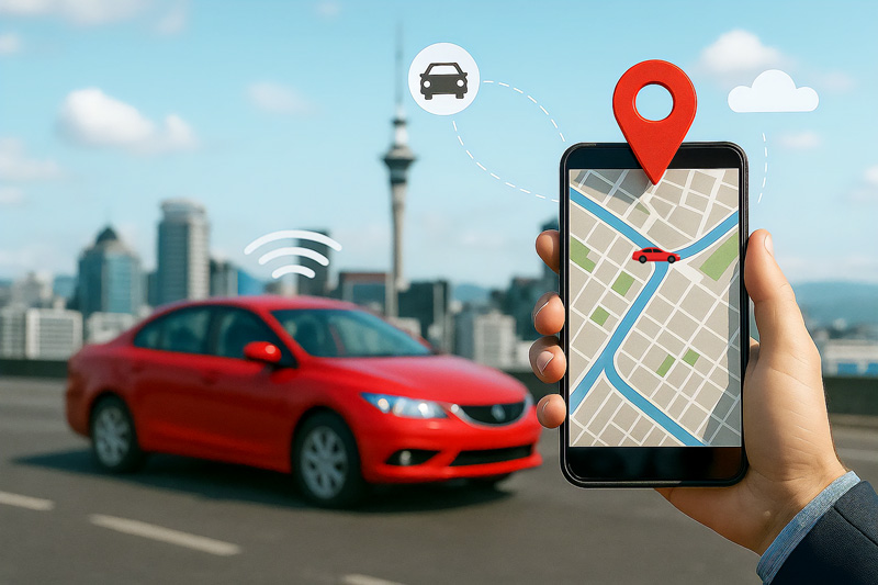 Illustration of connected vehicles showing data points on a map interface.