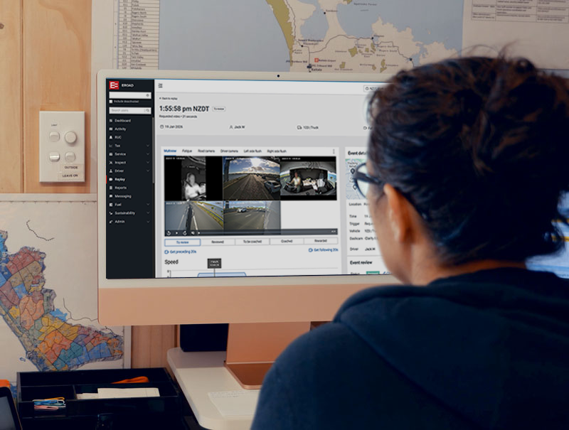 The EROAD platform showing multi-camera views from a truck, demonstrating the unified vehicle telematics and video system